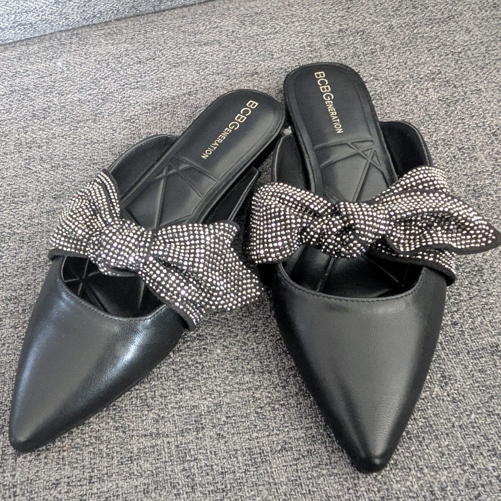 BCBGeneration Black Pointed Bow Rhinestone-Embellished Mules